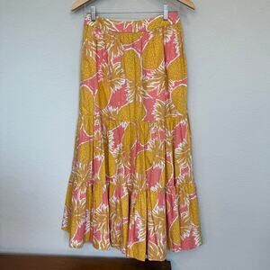 Women's Boden Tiered Pink and Yellow Pineapple Tropical‎ Midi Skirt Size 4P
